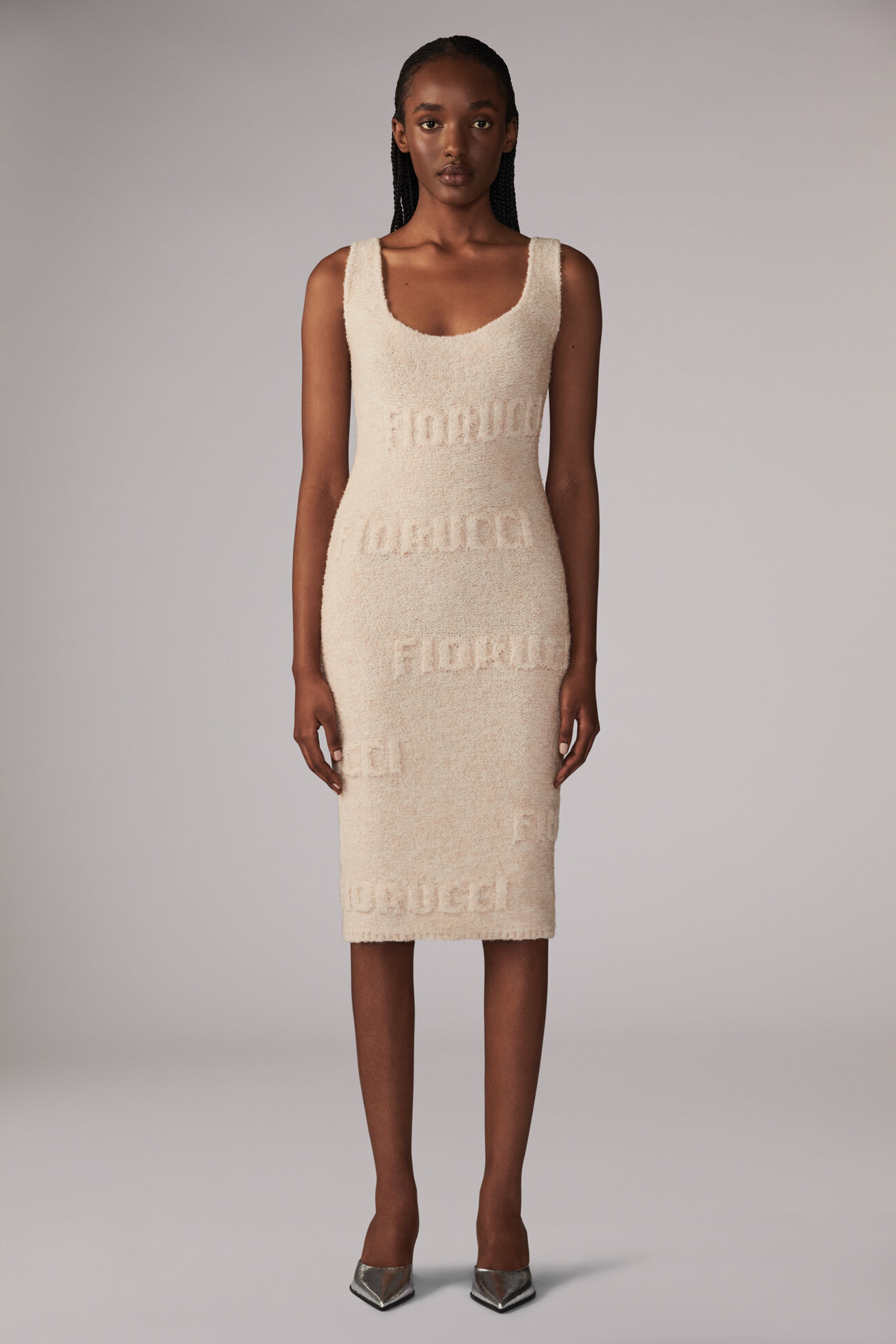 Embossed Logo Knit Midi Dress Cream