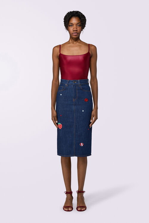 Dinosaur Denim Midi Skirt Rinse Wash