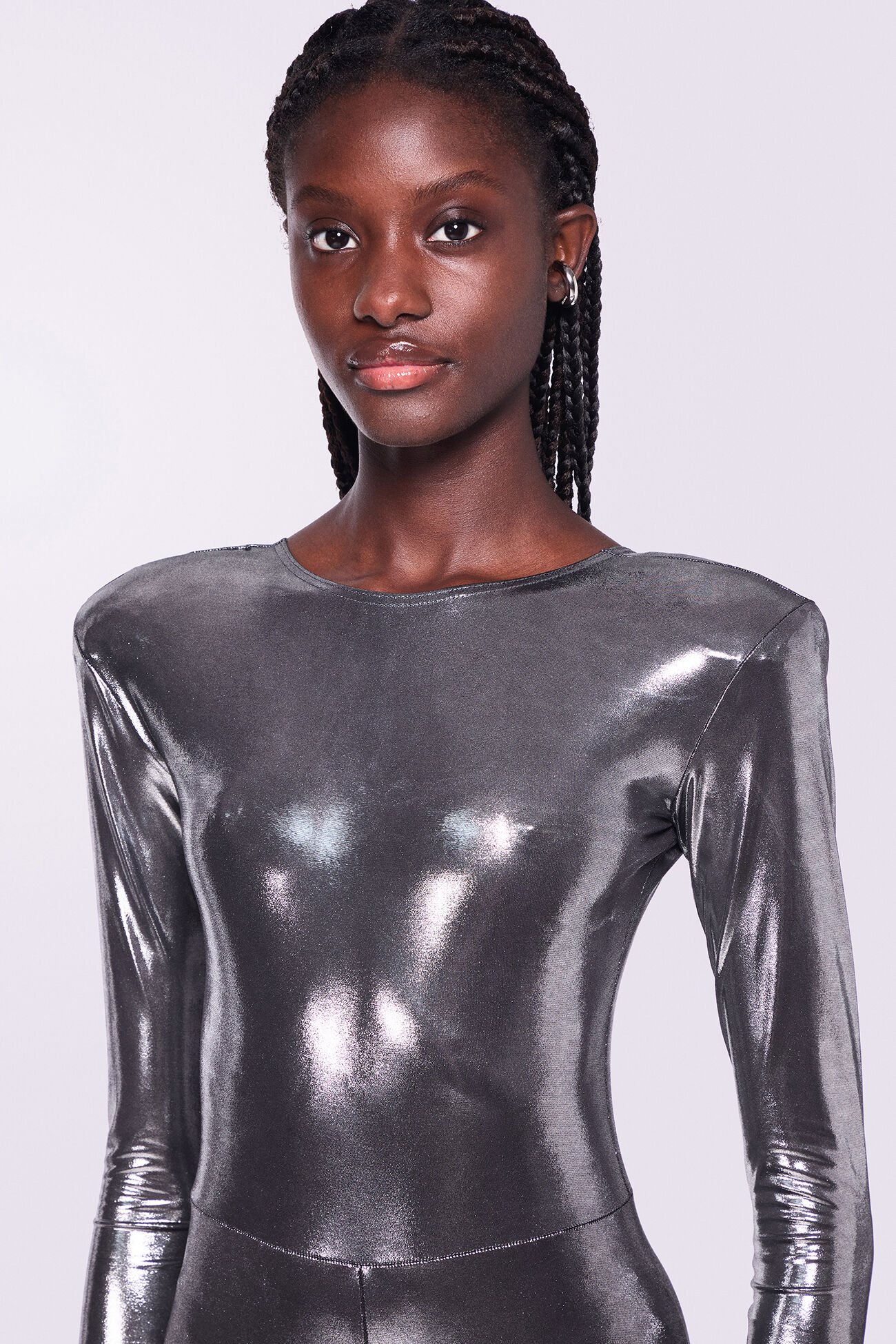 Metallic Footed Jumpsuit Silver