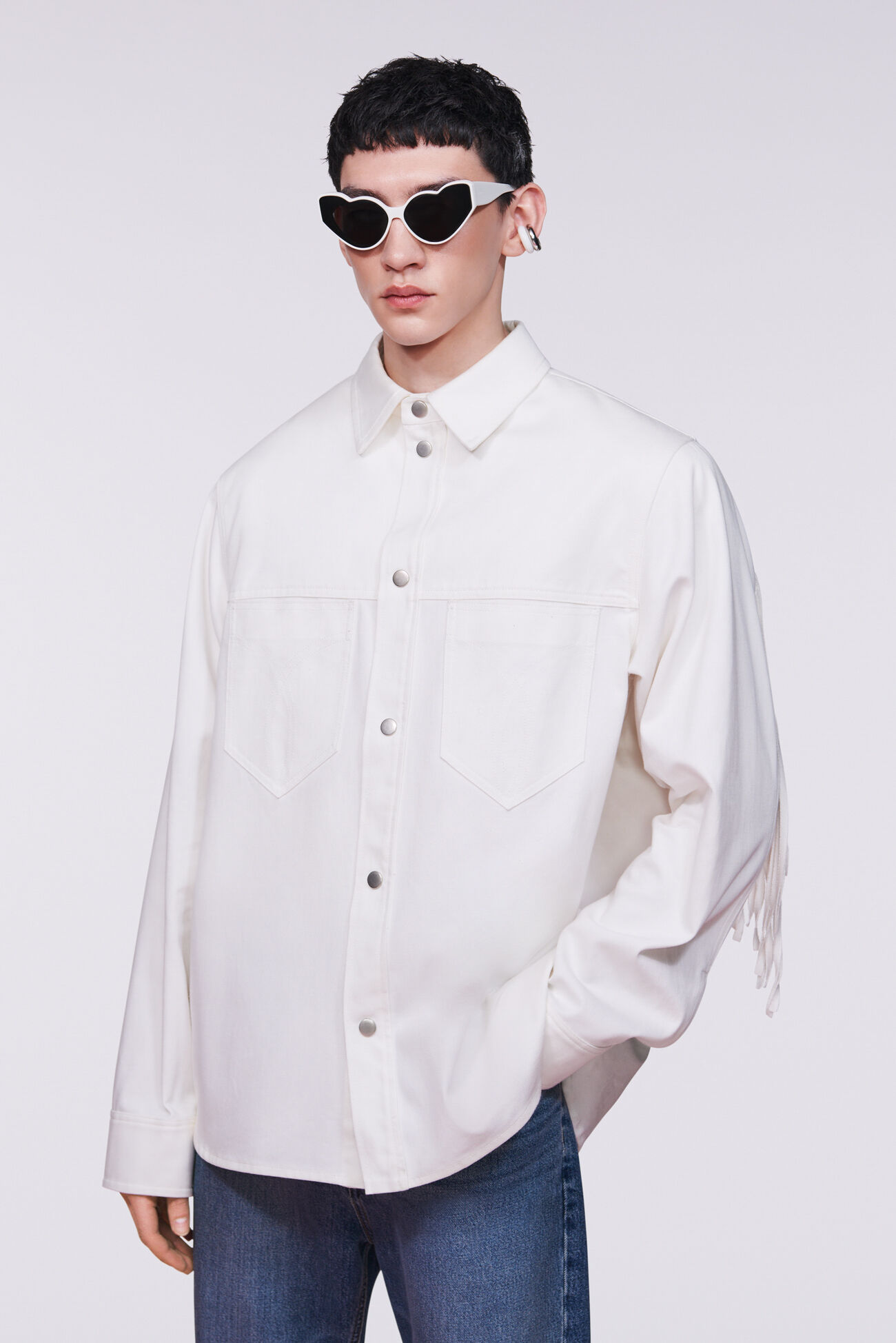 Unisex Fringe Gabardine Shirt White