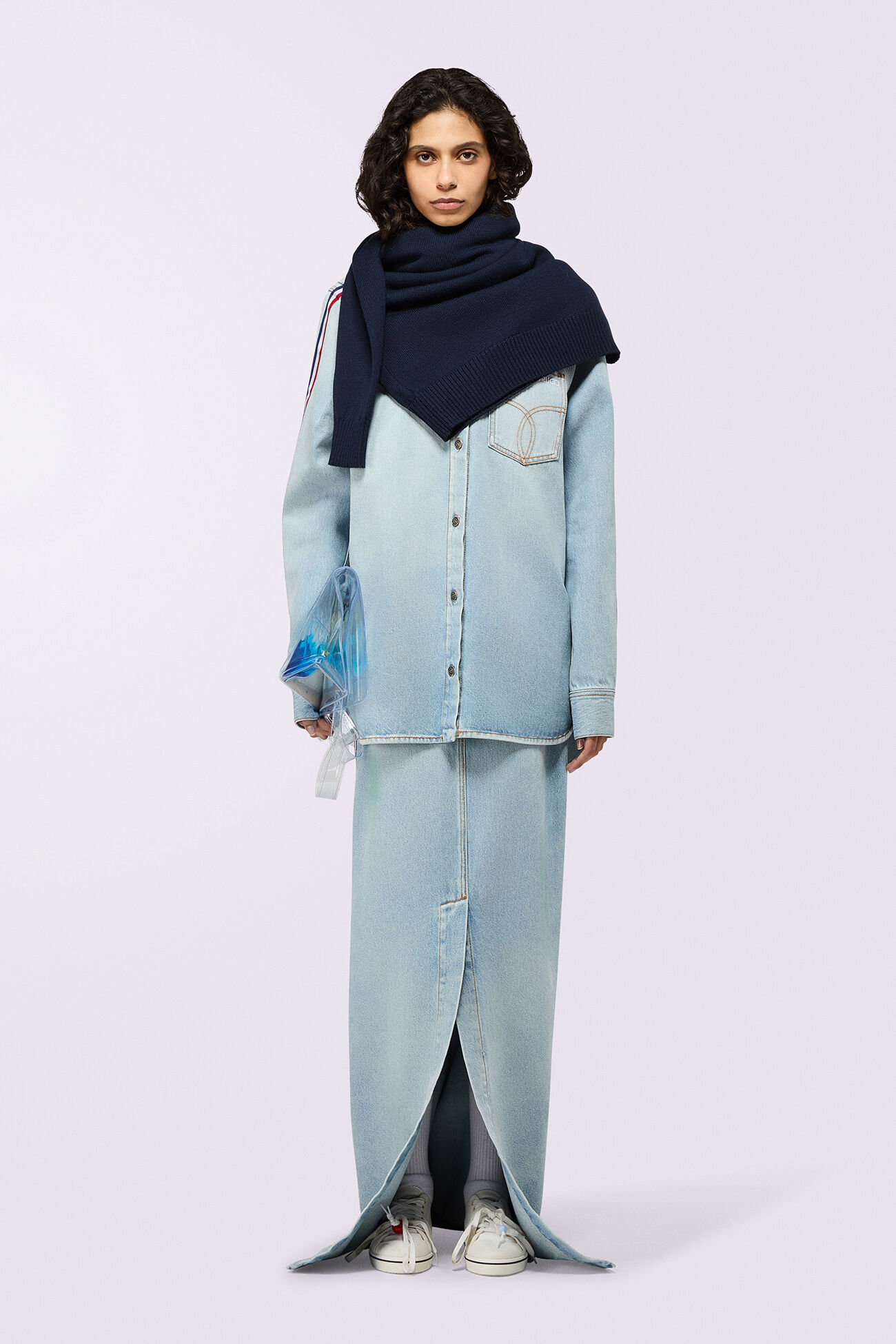 Tricolor Stripe Denim Maxi Skirt Light Blue