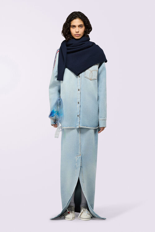 Tricolor Stripe Denim Maxi Skirt Light Blue