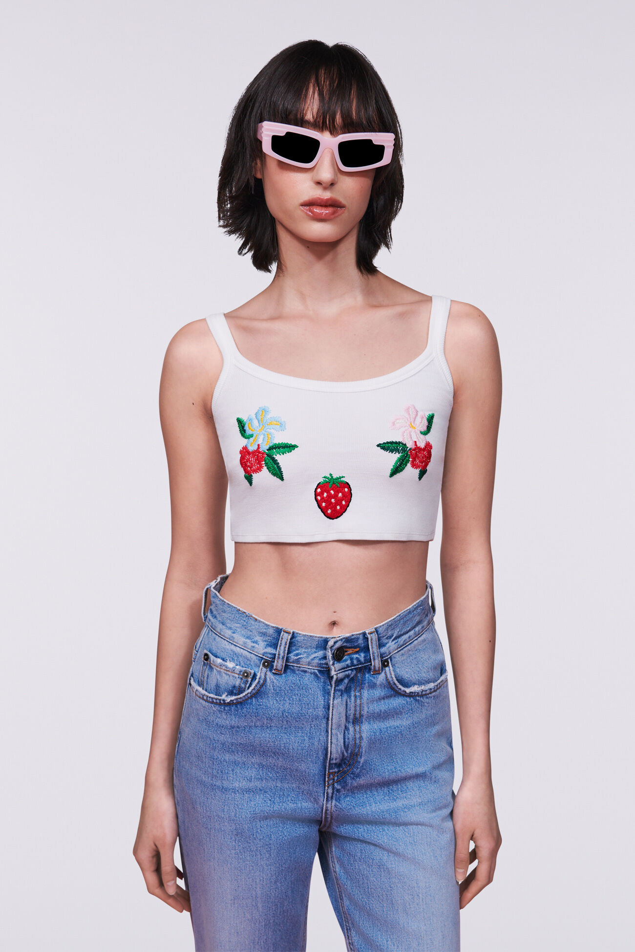 Embroidered Crop Tank Top White