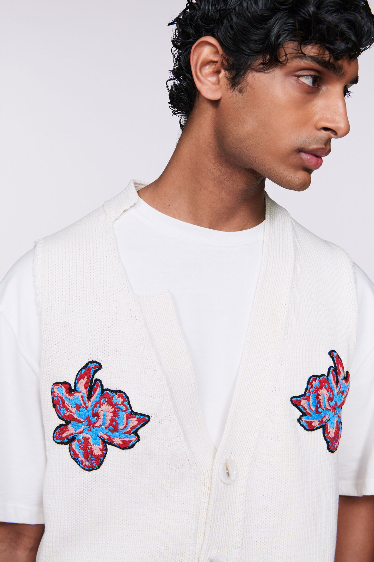Embroidered Knit Vest White
