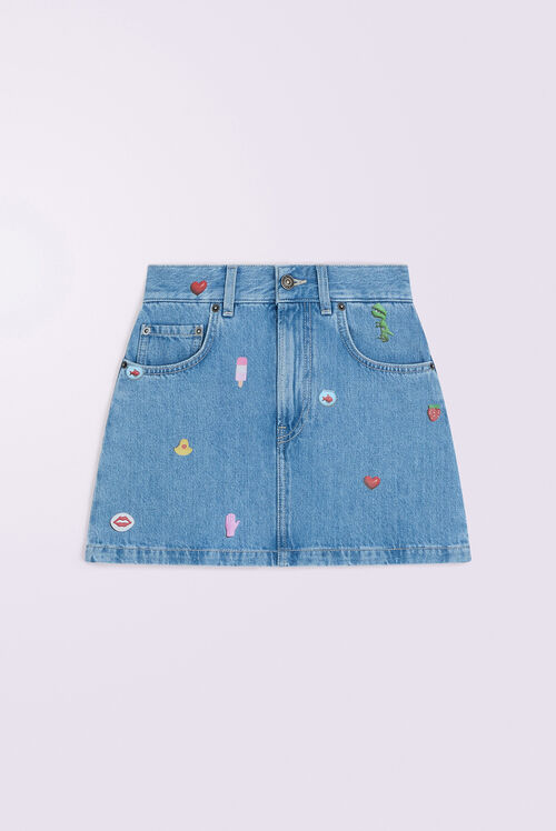 Charm Print Denim Mini Skirt Baby Blue